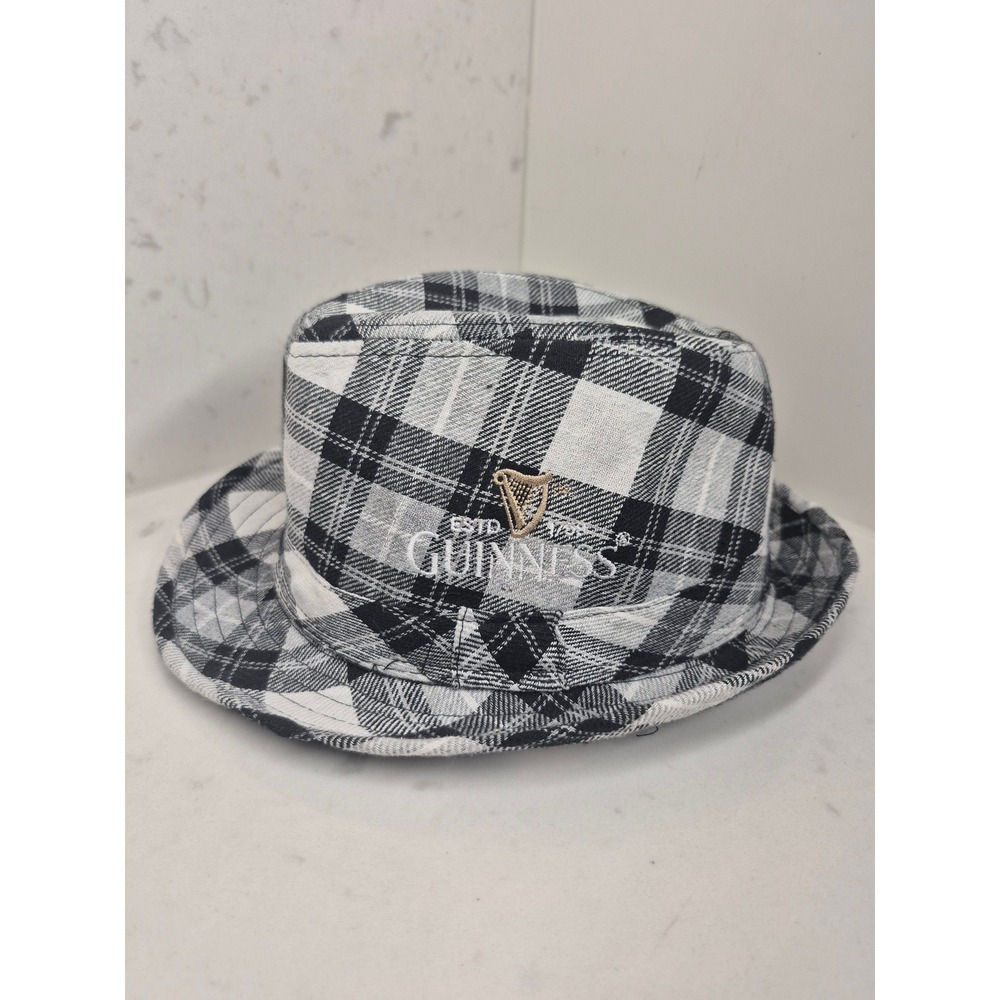 Guinness Pub Plaid Fedora Hat Black White Embroidered Harp Logo 58cm Mens